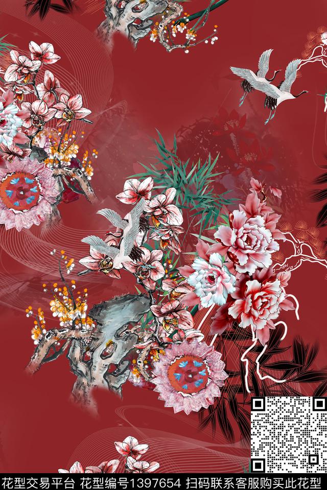 花卉真丝中国风数码印花华亿平台下载（图片编号: 1397654） - 瓦栏（Walan）