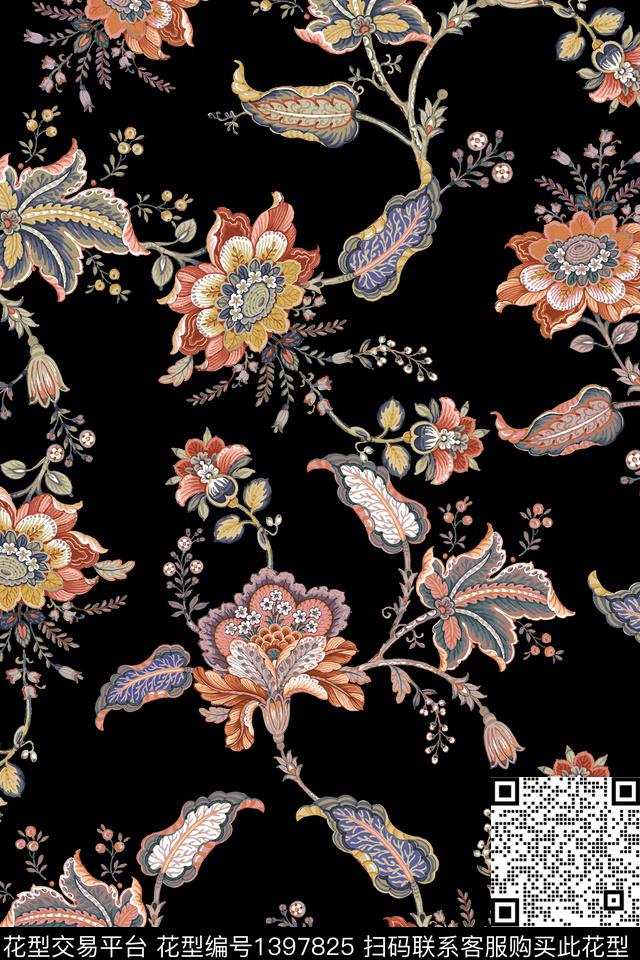 民族风复古花卉数码印花华亿平台下载（图片编号: 1397825） - 瓦栏（Walan）