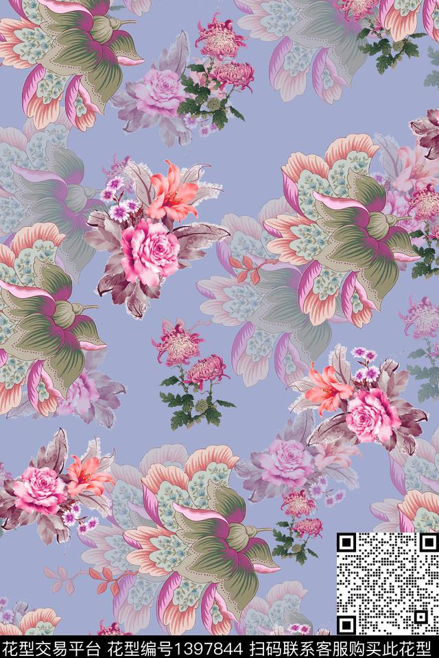 数码华亿平台花卉大牌风数码印花华亿平台下载（图片编号: 1397844） - 瓦栏（Walan）