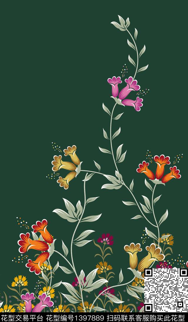 花卉定位花藤蔓传统印花华亿平台下载（图片编号: 1397889） - 瓦栏（Walan）