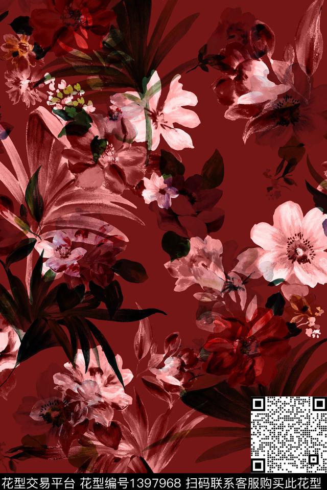 抽象花卉大牌风休闲数码印花华亿平台下载（图片编号: 1397968） - 瓦栏（Walan）