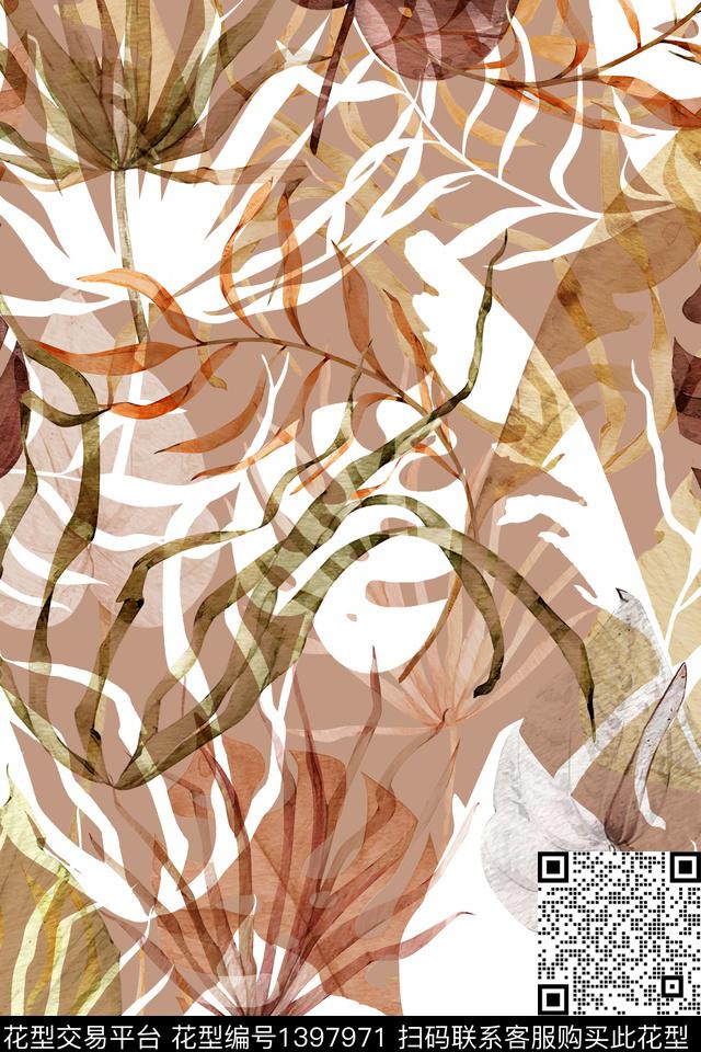 绿植树叶香云纱大牌风数码印花华亿平台下载（图片编号: 1397971） - 瓦栏（Walan）