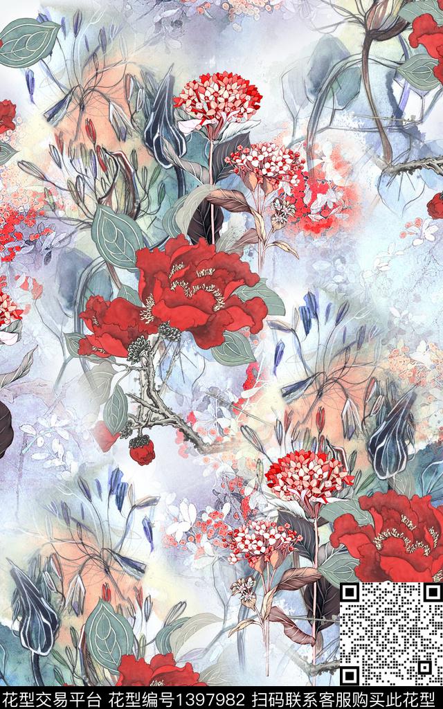 水彩花卉中国风数码印花华亿平台下载（图片编号: 1397982） - 瓦栏（Walan）