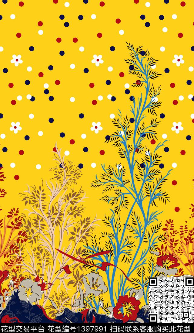 树枝花卉定位花传统印花华亿平台下载（图片编号: 1397991） - 瓦栏（Walan）
