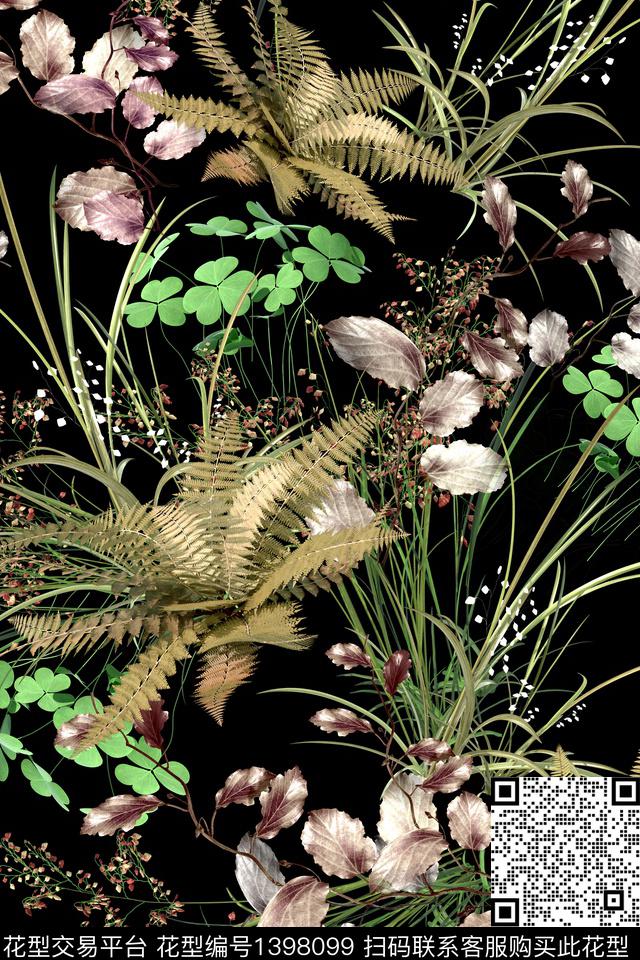 时尚大牌风杂草枯叶数码印花华亿平台下载（图片编号: 1398099） - 瓦栏（Walan）