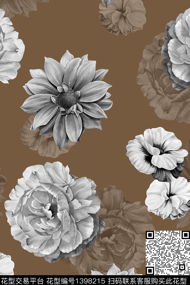 花卉香云纱大牌风数码印花华亿平台下载（图片编号: 1398215） - 瓦栏（Walan）