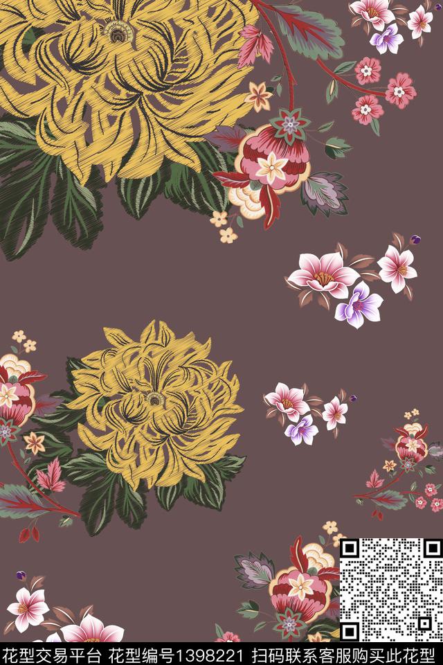 花卉香云纱大牌风数码印花华亿平台下载（图片编号: 1398221） - 瓦栏（Walan）