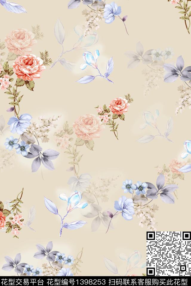花卉香云纱大牌风数码印花华亿平台下载（图片编号: 1398253） - 瓦栏（Walan）