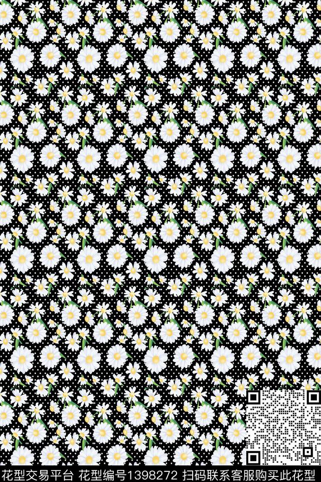黑底花卉满版散花年轻女性传统印花华亿平台下载（图片编号: 1398272） - 瓦栏（Walan）