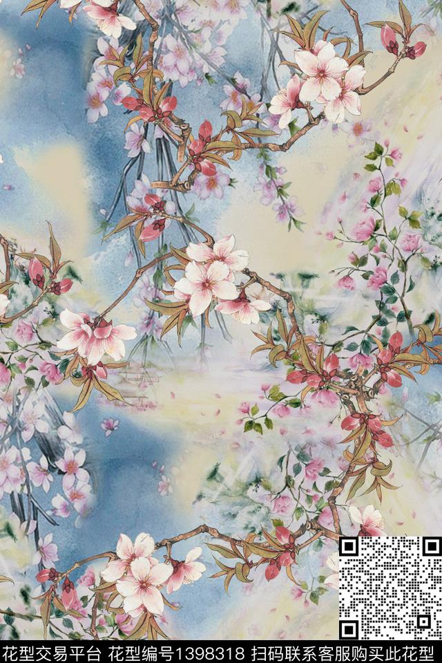 水墨风桃花中国风数码印花华亿平台下载（图片编号: 1398318） - 瓦栏（Walan）