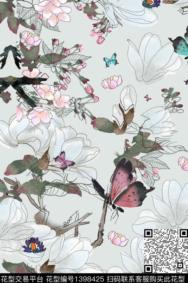 荷花蝴蝶花卉数码印花华亿平台下载（图片编号: 1398425） - 瓦栏（Walan）