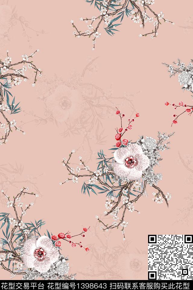 花卉香云纱中国风数码印花华亿平台下载（图片编号: 1398643） - 瓦栏（Walan）