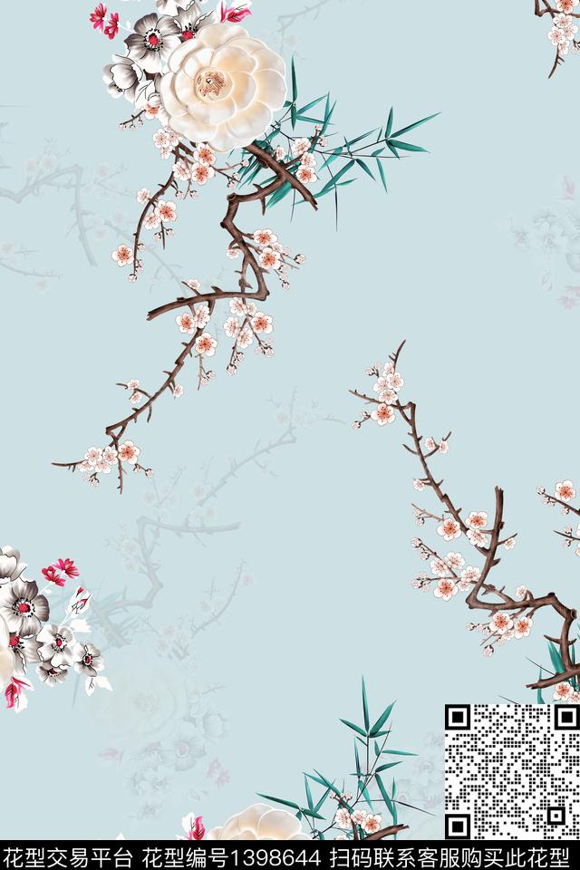 花卉香云纱中国风数码印花华亿平台下载（图片编号: 1398644） - 瓦栏（Walan）