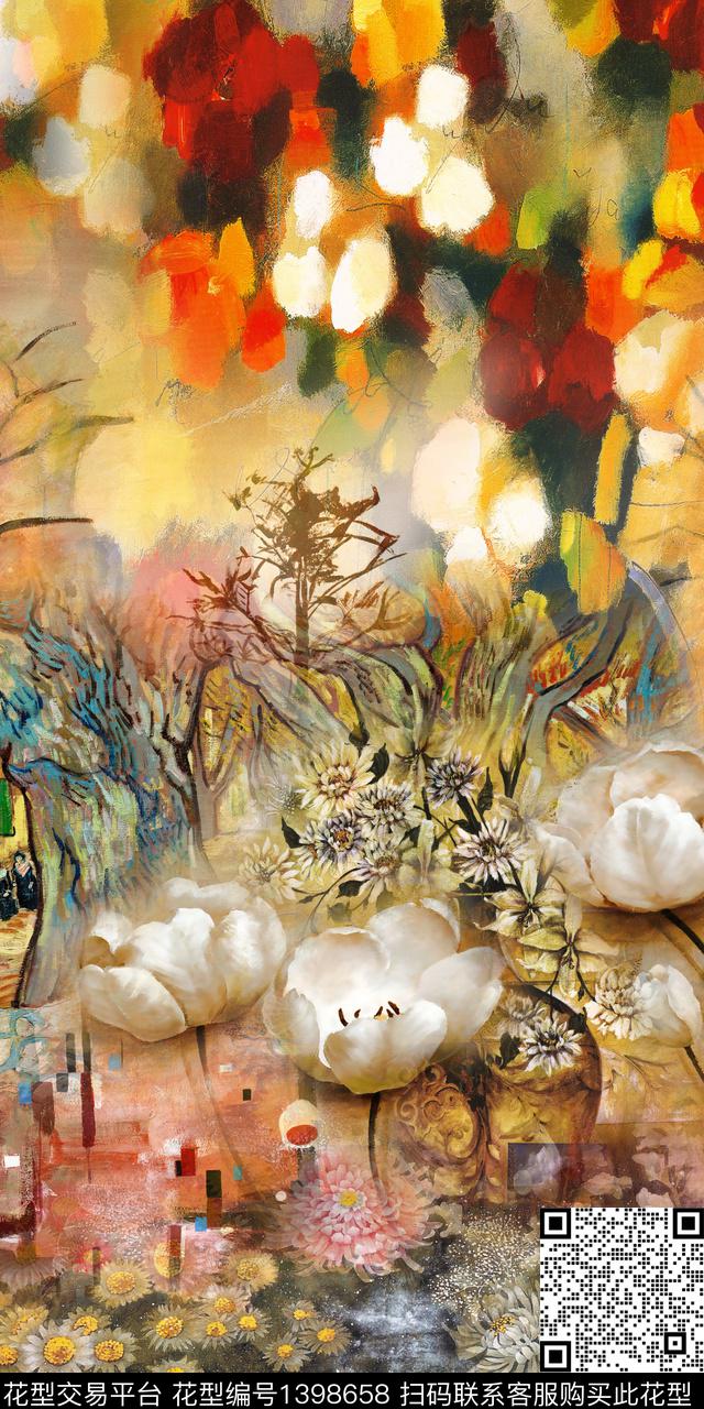 油画华亿平台花卉真丝数码印花华亿平台下载（图片编号: 1398658） - 瓦栏（Walan）