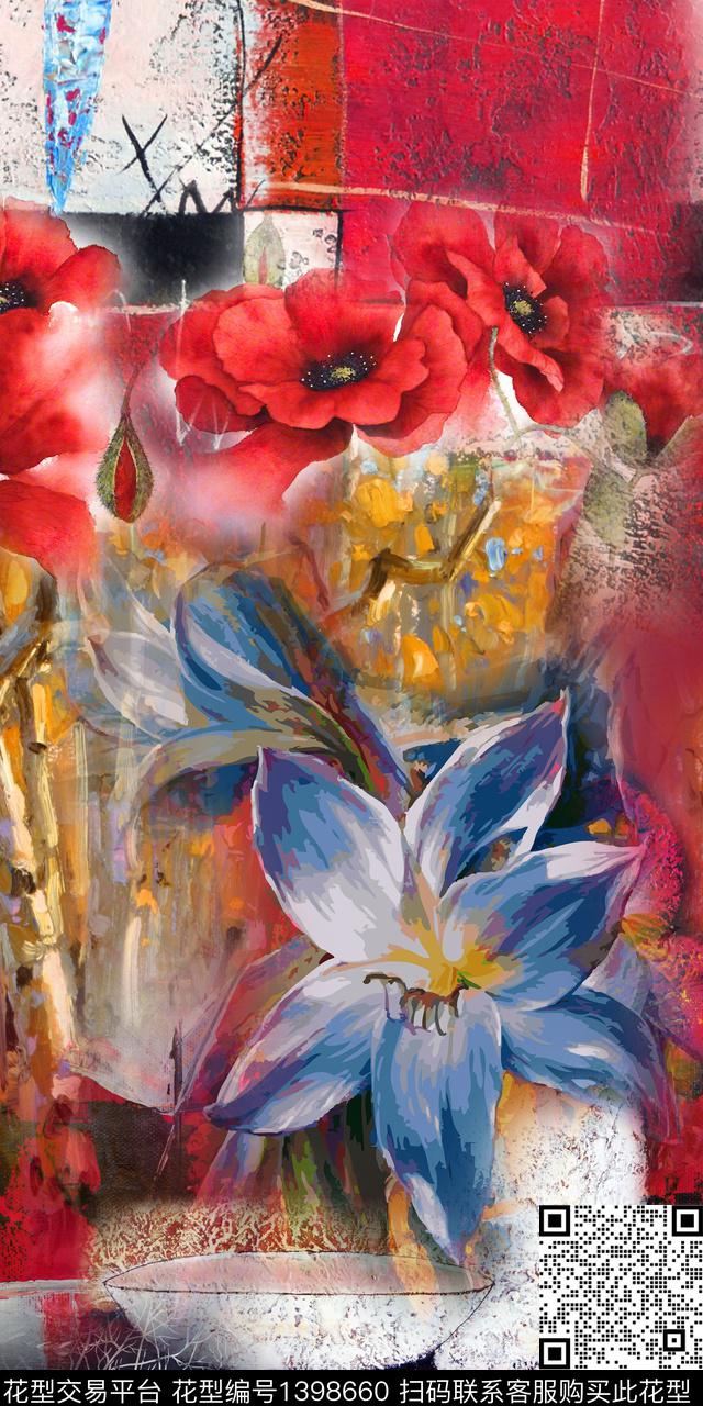 油画华亿平台花卉真丝数码印花华亿平台下载（图片编号: 1398660） - 瓦栏（Walan）