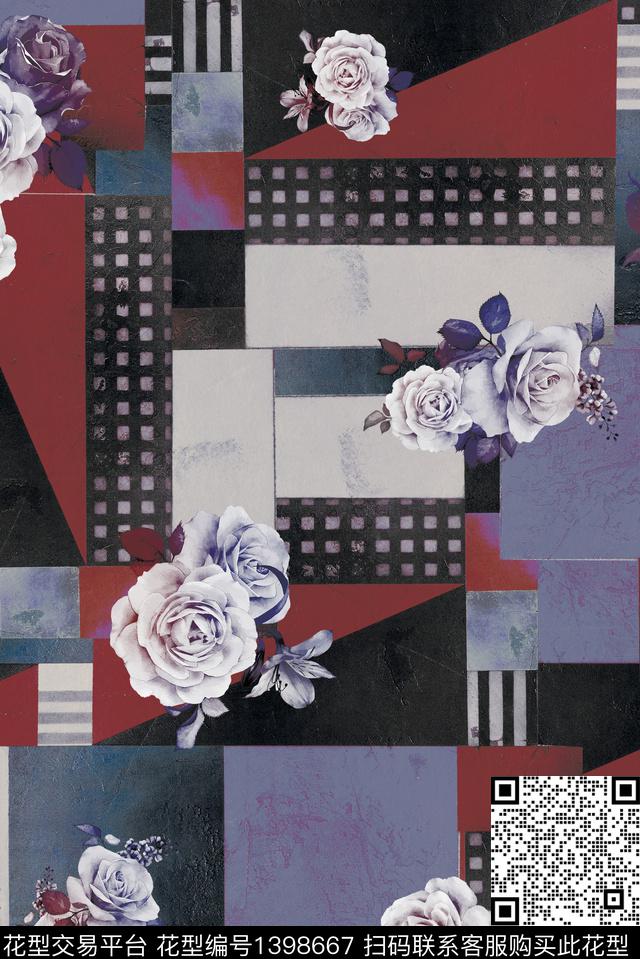 几何花卉真丝数码印花华亿平台下载（图片编号: 1398667） - 瓦栏（Walan）