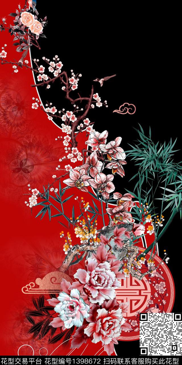 撞色花卉真丝数码印花华亿平台下载（图片编号: 1398672） - 瓦栏（Walan）