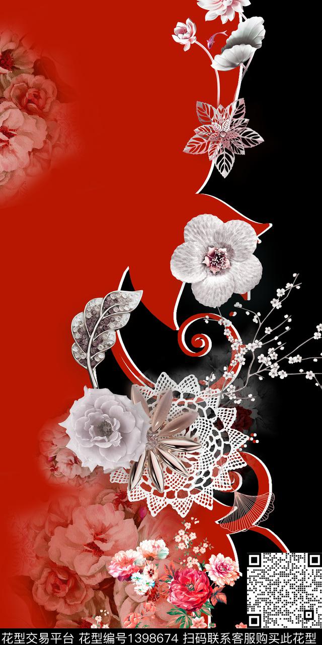 撞色花卉真丝数码印花华亿平台下载（图片编号: 1398674） - 瓦栏（Walan）