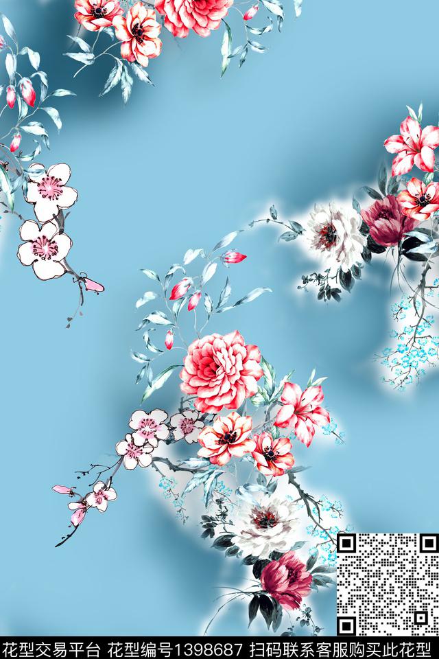 花卉真丝写实数码印花华亿平台下载（图片编号: 1398687） - 瓦栏（Walan）