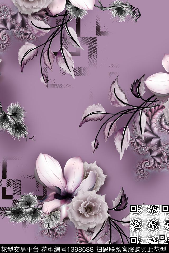 花卉真丝写实数码印花华亿平台下载（图片编号: 1398688） - 瓦栏（Walan）