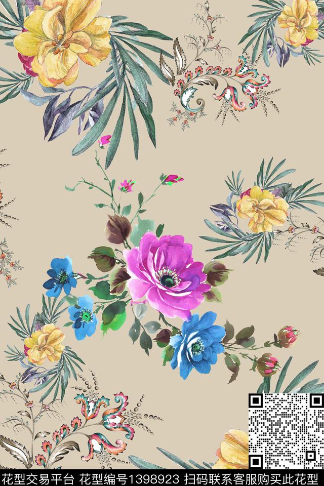 玫瑰花花卉香云纱数码印花华亿平台下载（图片编号: 1398923） - 瓦栏（Walan）