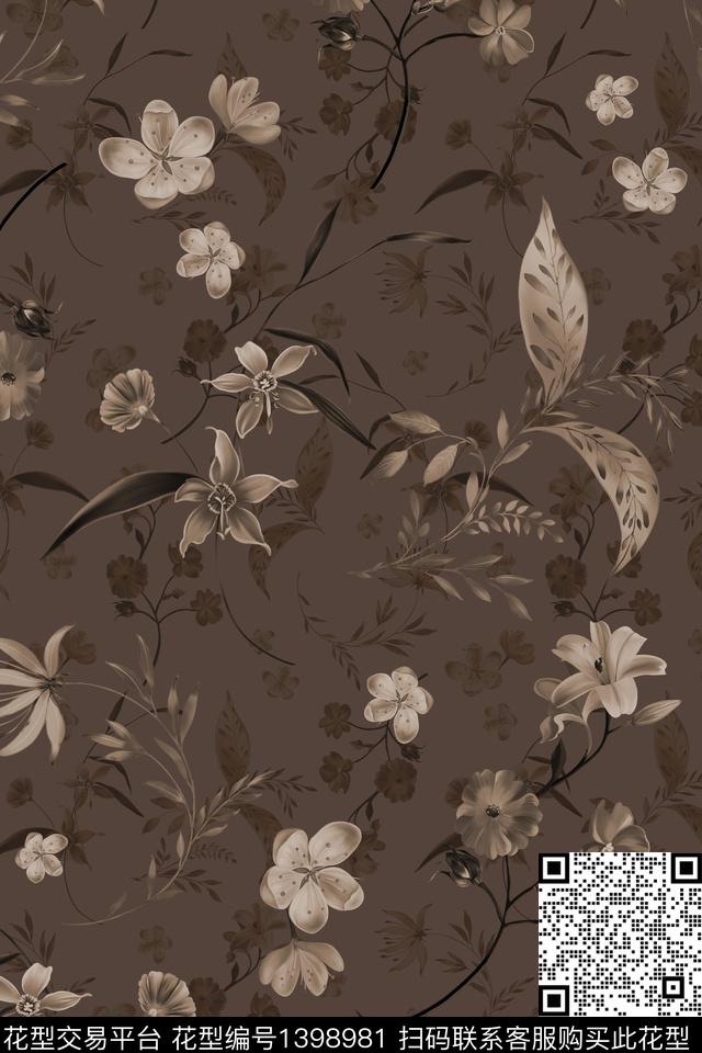 花卉香云纱大牌风数码印花华亿平台下载（图片编号: 1398981） - 瓦栏（Walan）