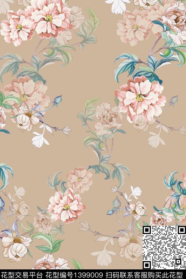 花卉香云纱大牌风数码印花华亿平台下载（图片编号: 1399009） - 瓦栏（Walan）