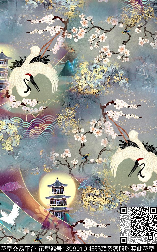 数码华亿平台仙鹤中国风数码印花华亿平台下载（图片编号: 1399010） - 瓦栏（Walan）