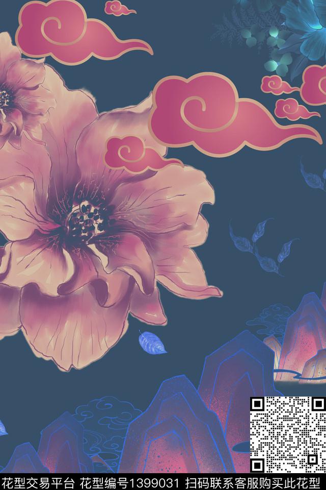 花卉香云纱大牌风数码印花华亿平台下载（图片编号: 1399031） - 瓦栏（Walan）