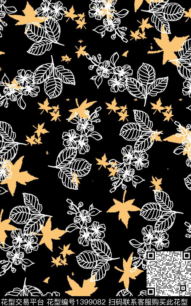 线条画满版散花枫叶传统印花华亿平台下载（图片编号: 1399082） - 瓦栏（Walan）