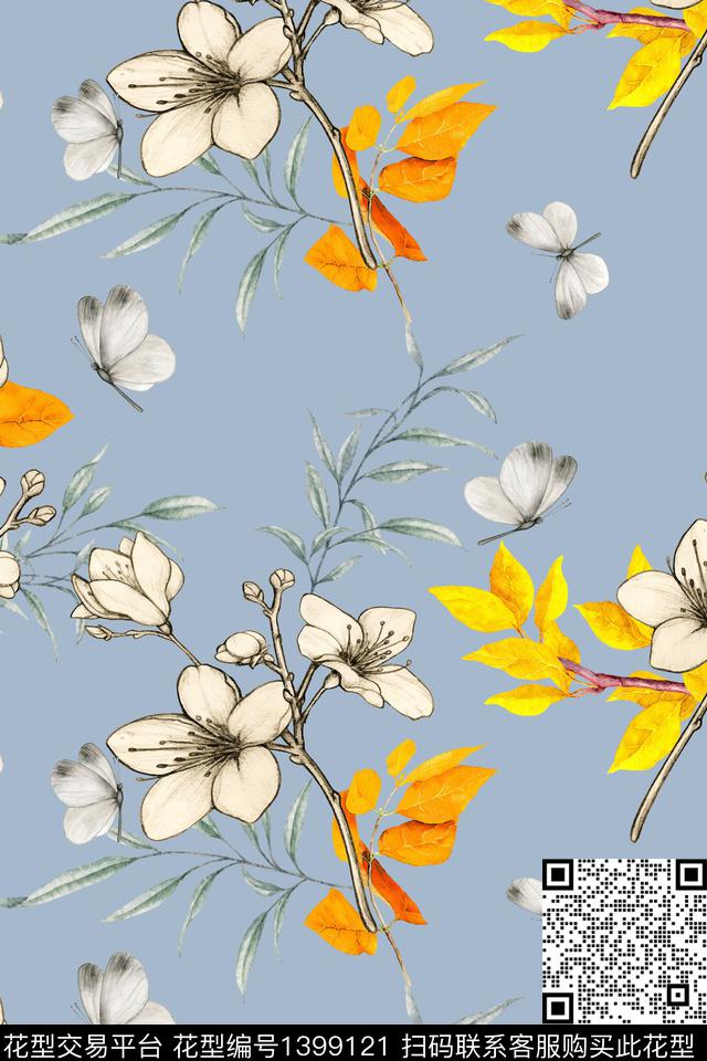 春夏华亿平台蝴蝶花卉植物传统印花华亿平台下载（图片编号: 1399121） - 瓦栏（Walan）