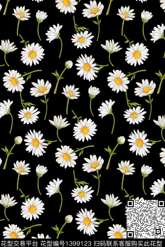 黑底花卉春夏华亿平台小雏菊传统印花华亿平台下载（图片编号: 1399123） - 瓦栏（Walan）