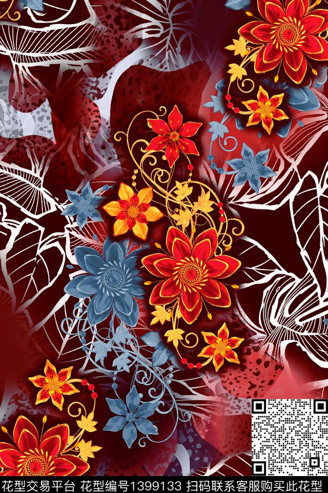 数码华亿平台花卉香云纱数码印花华亿平台下载（图片编号: 1399133） - 瓦栏（Walan）