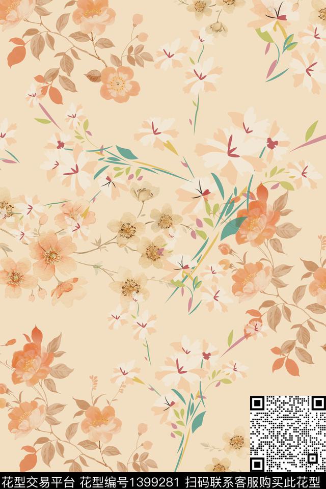 花卉香云纱大牌风数码印花华亿平台下载（图片编号: 1399281） - 瓦栏（Walan）