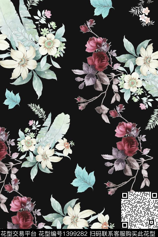 花卉香云纱大牌风数码印花华亿平台下载（图片编号: 1399282） - 瓦栏（Walan）