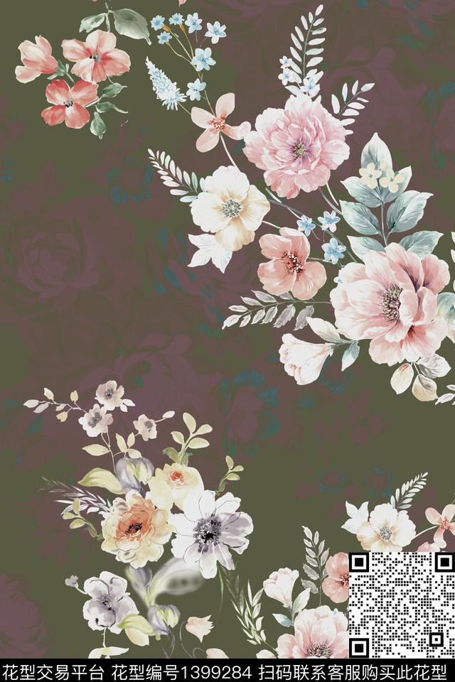 花卉香云纱大牌风数码印花华亿平台下载（图片编号: 1399284） - 瓦栏（Walan）