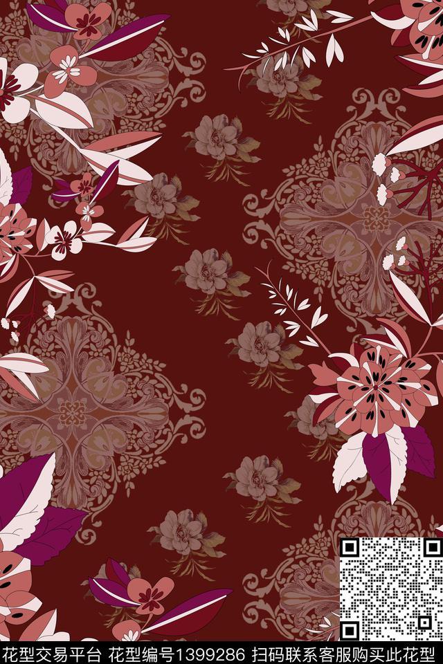 花卉香云纱大牌风数码印花华亿平台下载（图片编号: 1399286） - 瓦栏（Walan）