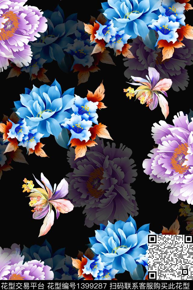 花卉香云纱大牌风数码印花华亿平台下载（图片编号: 1399287） - 瓦栏（Walan）