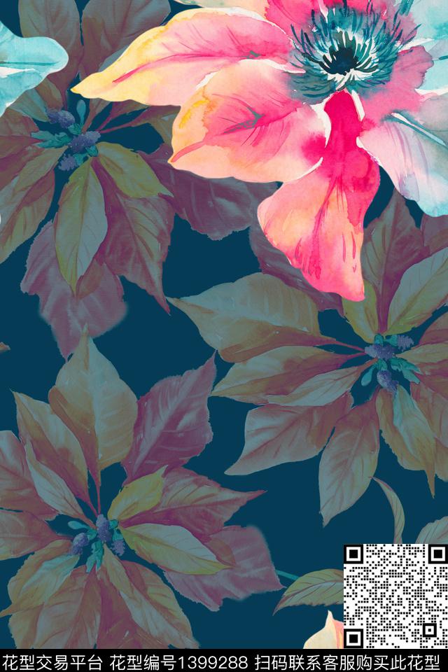 花卉香云纱大牌风数码印花华亿平台下载（图片编号: 1399288） - 瓦栏（Walan）