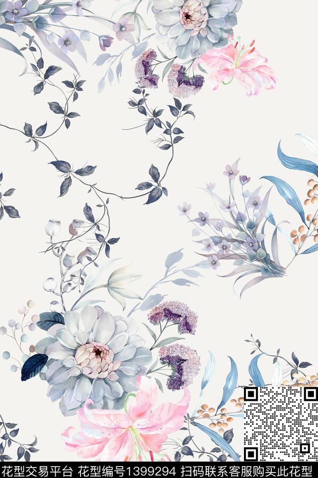 简约花卉香云纱数码印花华亿平台下载（图片编号: 1399294） - 瓦栏（Walan）