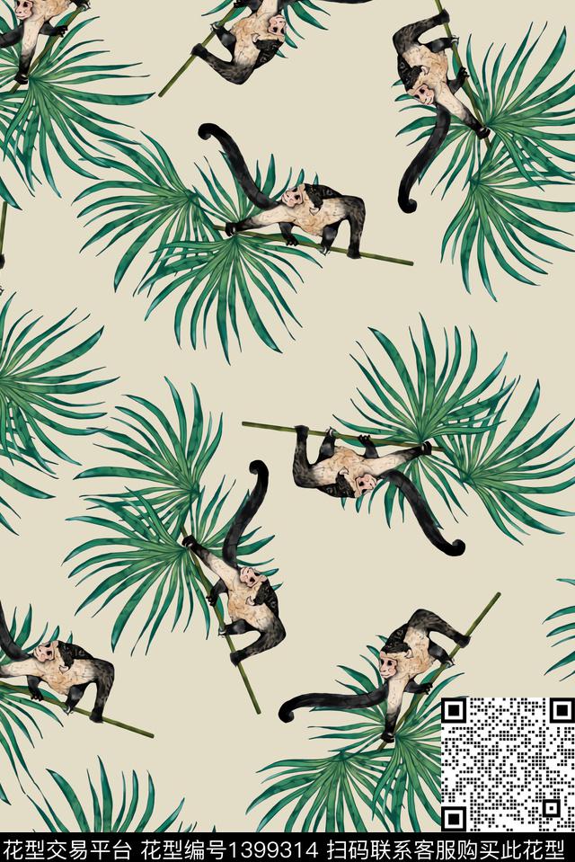 绿植树叶猴子大牌风数码印花华亿平台下载（图片编号: 1399314） - 瓦栏（Walan）