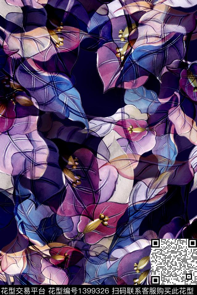 抽象花卉香云纱大牌风数码印花华亿平台下载（图片编号: 1399326） - 瓦栏（Walan）