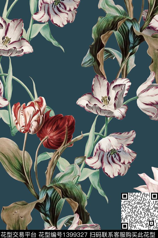 复古清爽底花卉花卉数码印花华亿平台下载（图片编号: 1399327） - 瓦栏（Walan）