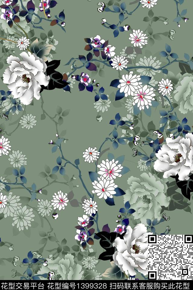 复古花卉香云纱数码印花华亿平台下载（图片编号: 1399328） - 瓦栏（Walan）