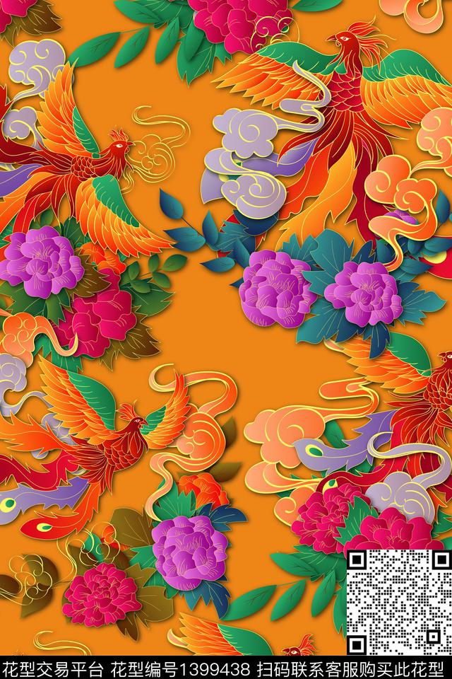 花卉凤凰手绘数码印花华亿平台下载（图片编号: 1399438） - 瓦栏（Walan）