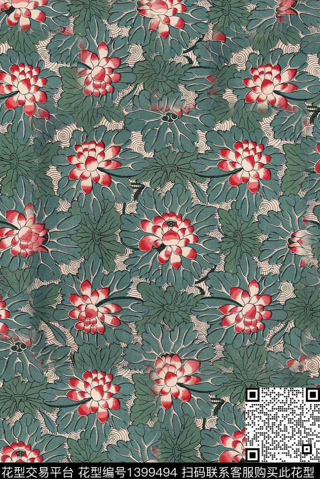 荷花中国风花卉满版散花数码印花华亿平台下载（图片编号: 1399494） - 瓦栏（Walan）