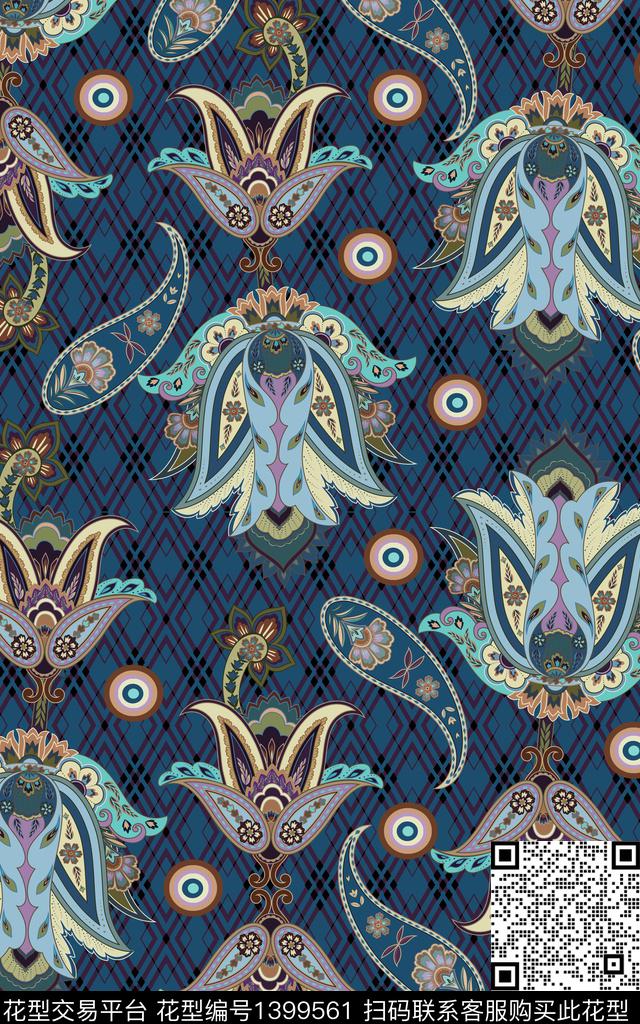 佩斯利满版散花抽象传统印花华亿平台下载（图片编号: 1399561） - 瓦栏（Walan）