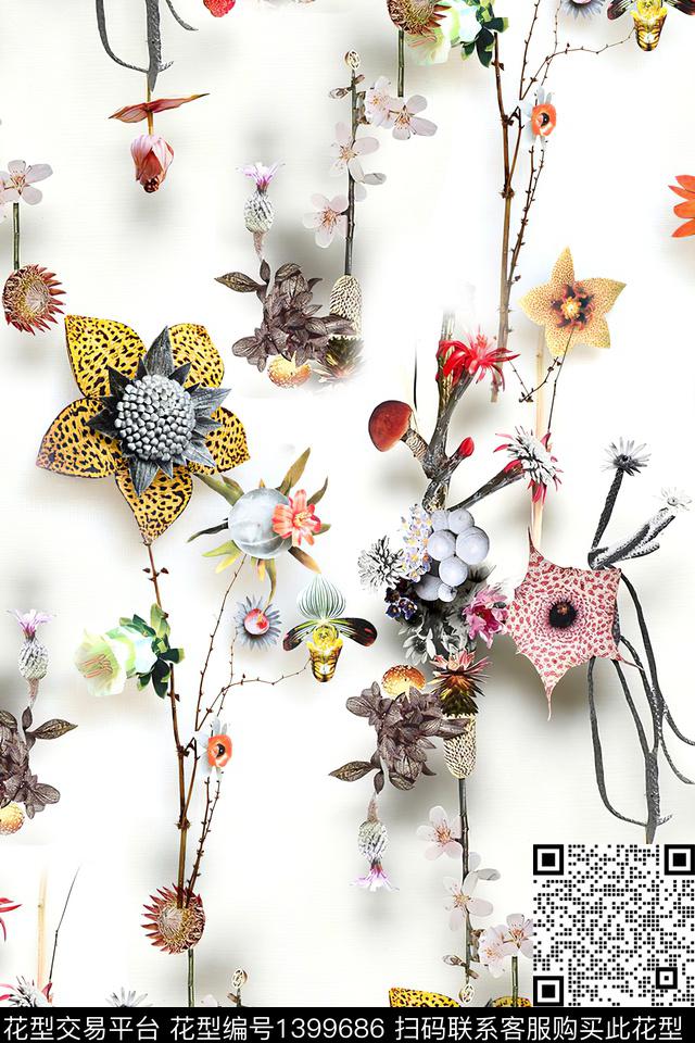 时尚花卉真丝数码印花华亿平台下载（图片编号: 1399686） - 瓦栏（Walan）