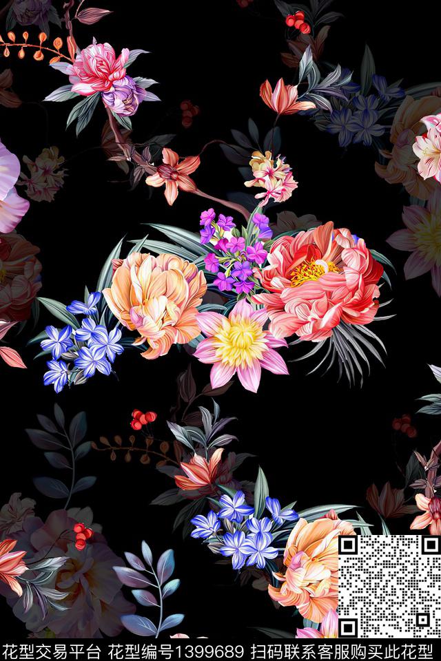 时尚花卉真丝数码印花华亿平台下载（图片编号: 1399689） - 瓦栏（Walan）