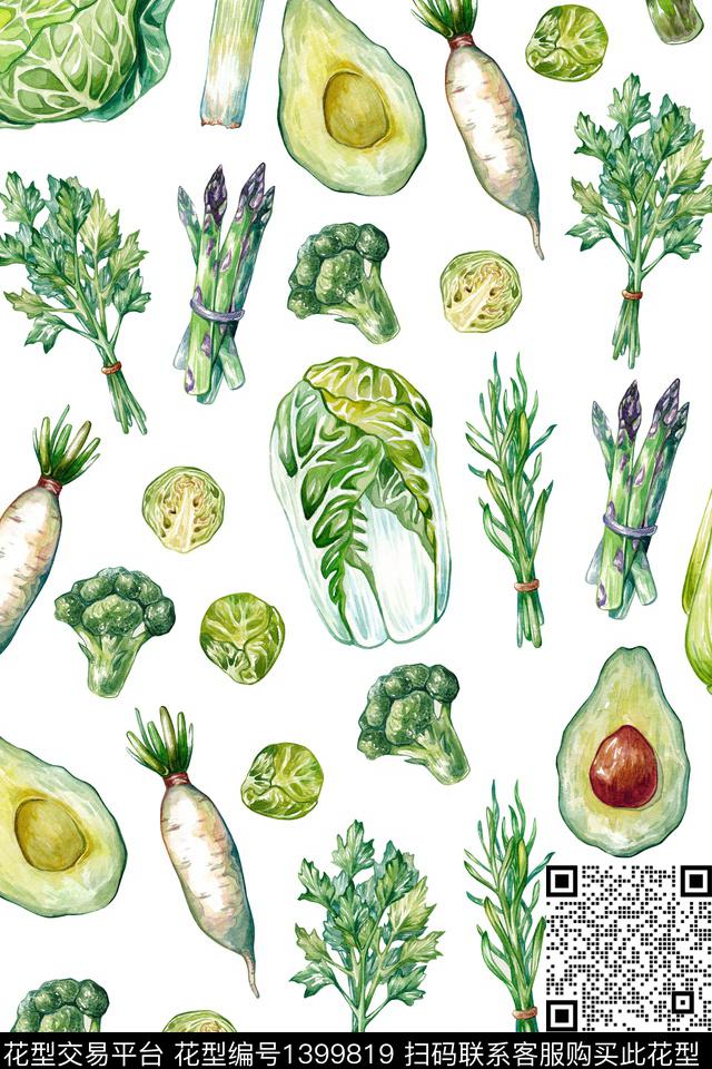 蔬菜水果绿色植物手绘水彩数码印花华亿平台下载（图片编号: 1399819） - 瓦栏（Walan）